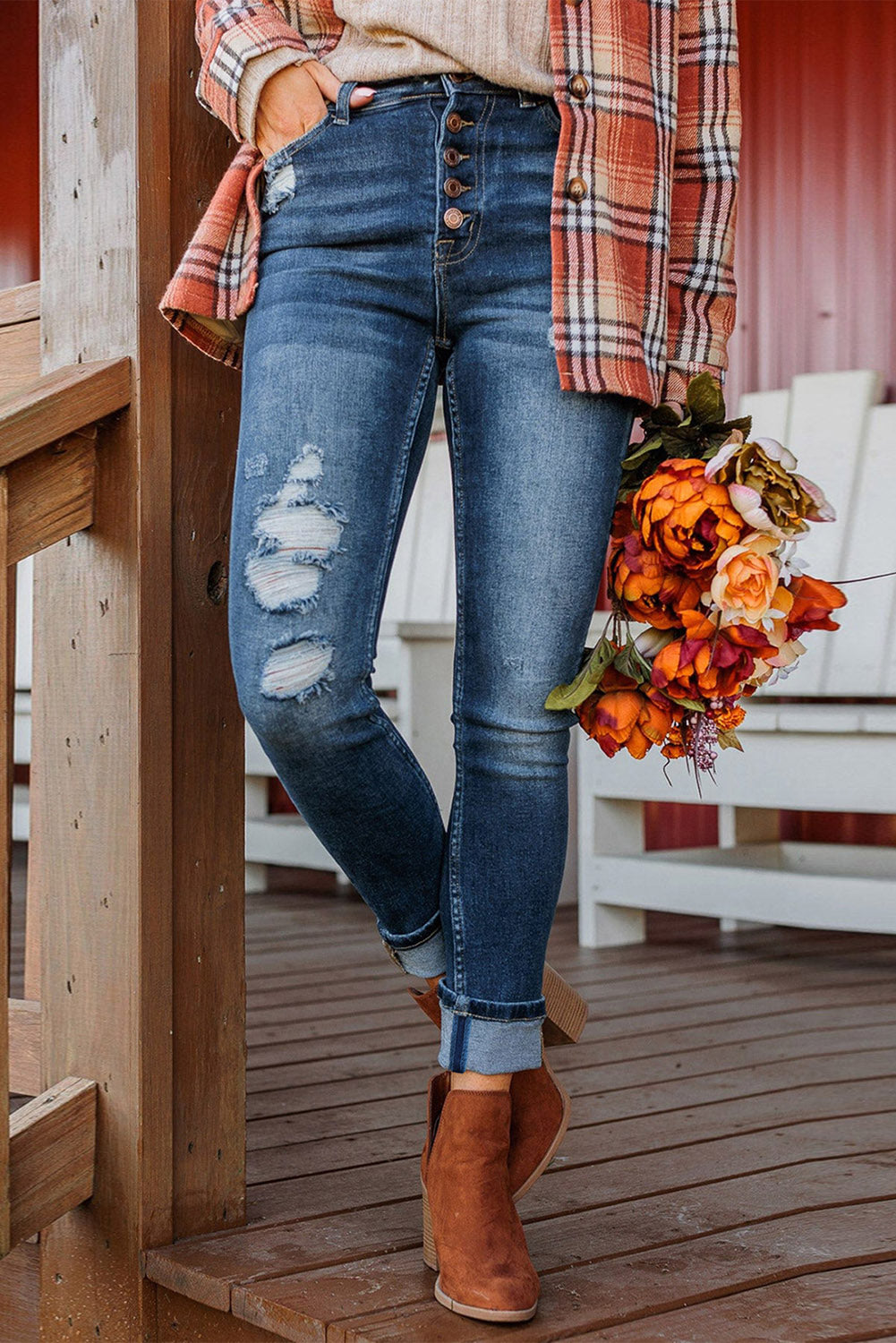 Blue Distressed Button Fly High Waist Skinny Jeans Jeans JT's Designer Fashion
