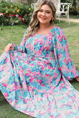 Sky Blue Floral Allover Print Shirred Square Neck Plus Size Maxi Dress Plus Size Maxi Dresses JT's Designer Fashion