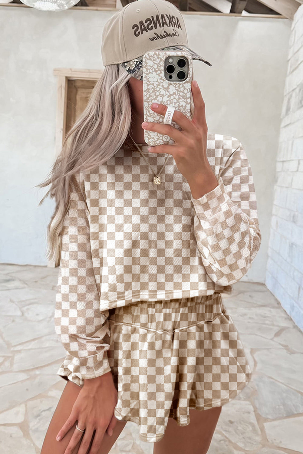 Khaki Checkered Long Sleeve Crop Top High Waist Skort 2pcs Set Short Sets JT's Designer Fashion