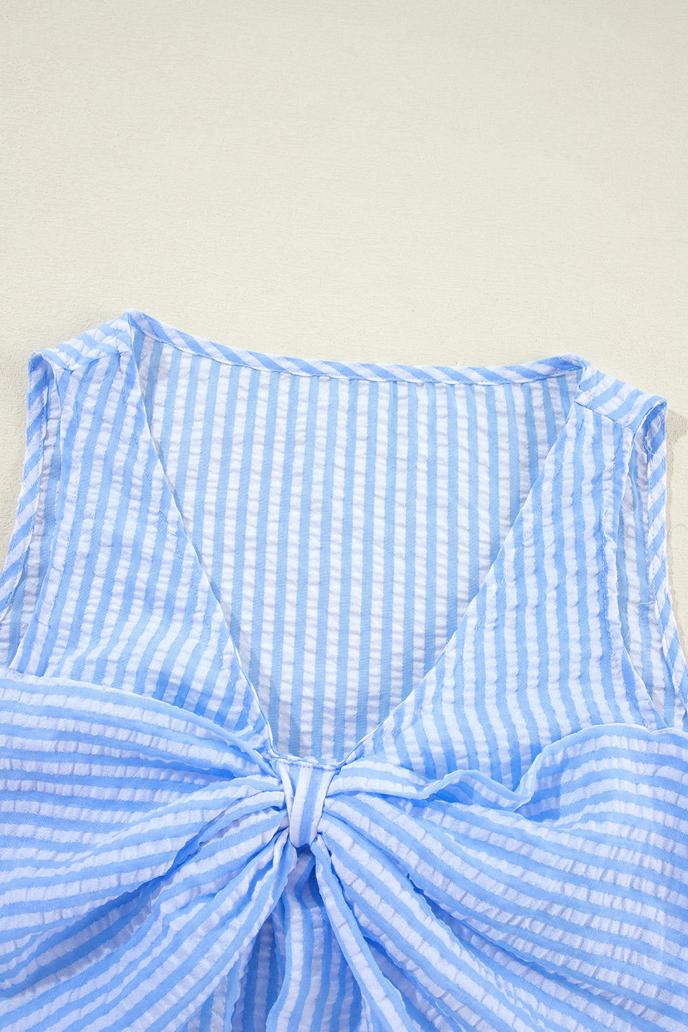 Sky Blue Stripe V Neck Bowknot Crop Tank and Shorts Set Short Sets JT's Designer Fashion