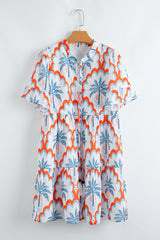 Orange Contrast Palm Tree Printed Short Sleeve Flowy Dress Mini Dresses JT's Designer Fashion