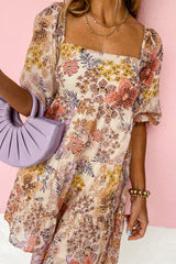 Khaki Floral Short Sleeve Square Neck Mini Dress Dresses JT's Designer Fashion