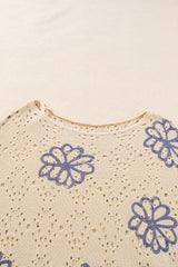 Beige Contrast Flower Print Eyelet Drop Shoulder Sweater Sweaters JT's Designer Fashion