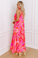 Rose Abstract Printed High Neck Knotted Nape Sleeveless Long Dress Maxi Dresses JT's Designer Fashion
