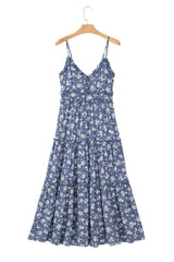 Blue Floral Spaghetti Strap Frilled V Neck Tiered Midi Dress Midi Dresses JT's Designer Fashion