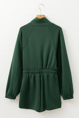 Blackish Green Collared Half Zip French Terry Knit Drawstring Casual Romper Jumpsuits & Rompers JT's Designer Fashion