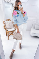Light Blue Knitted Flower Pattern Ribbed Edge Sweater Sweaters JT's Designer Fashion