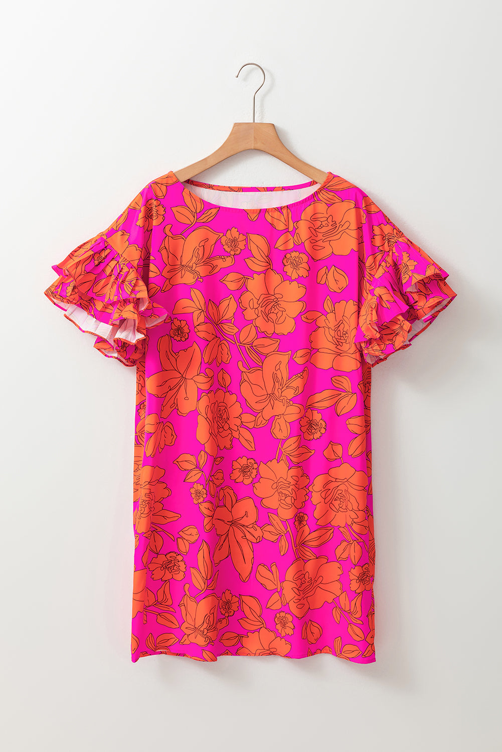 Pink Voluminous Ruffled Sleeve Floral Dress Floral Dresses JT's Designer Fashion