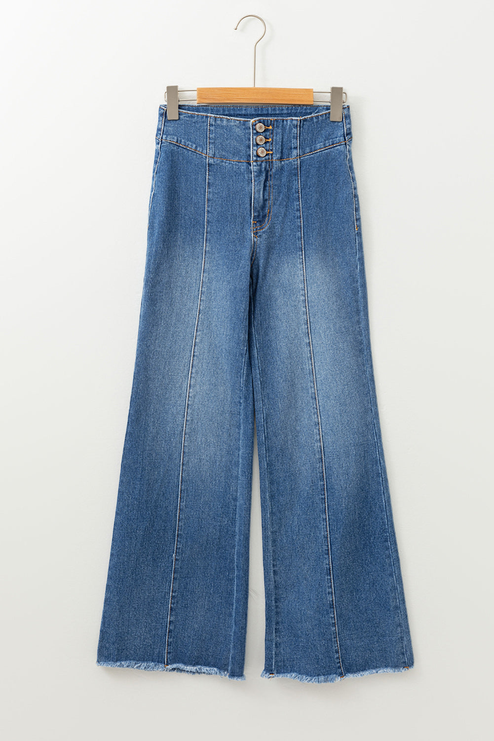 Sail Blue High Waist Button Fly Seamed Raw Hem Flare Jeans Jeans JT's Designer Fashion