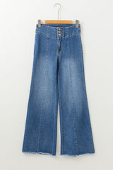 Sail Blue High Waist Button Fly Seamed Raw Hem Flare Jeans Jeans JT's Designer Fashion