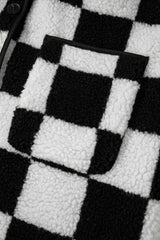 Black Checkered Side Pockets Collared Buttoned Fleece Jacket Jackets JT's Designer Fashion