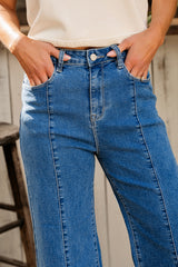 Dark Blue Plain Seam Detail Flared Bottom Ankle Length Jeans Jeans JT's Designer Fashion