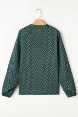 Green Geometric Print Notched Neck Puff Sleeve Blouse Blouses & Shirts JT's Designer Fashion