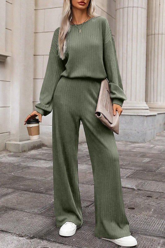 Laurel Green Solid Ribbed Knit Keyhole Back High Waist Jumpsuit Laurel Green 85%Polyester+10%Viscose+5%Elastane Jumpsuits & Rompers JT's Designer Fashion