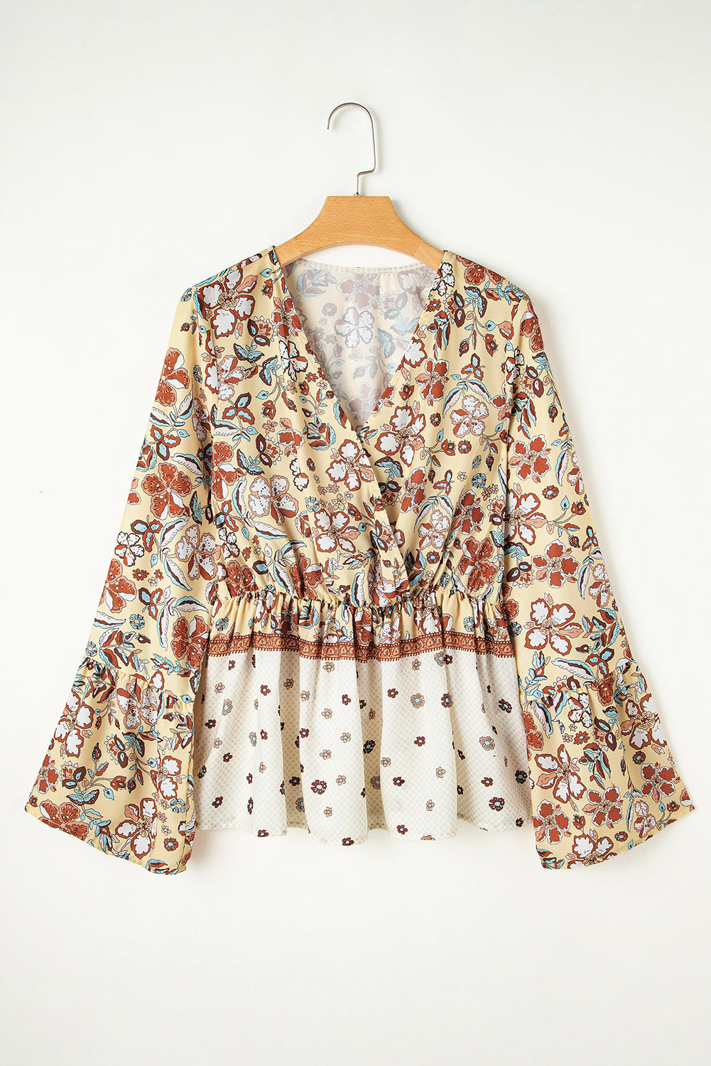 Yellow Printed Floral Bell Sleeve V Neck Wrapped Contrast Peplum Blouse Blouses & Shirts JT's Designer Fashion
