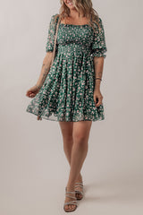Green Smocked Square Neck Puff Short Sleeve Floral Dress Floral Dresses JT's Designer Fashion