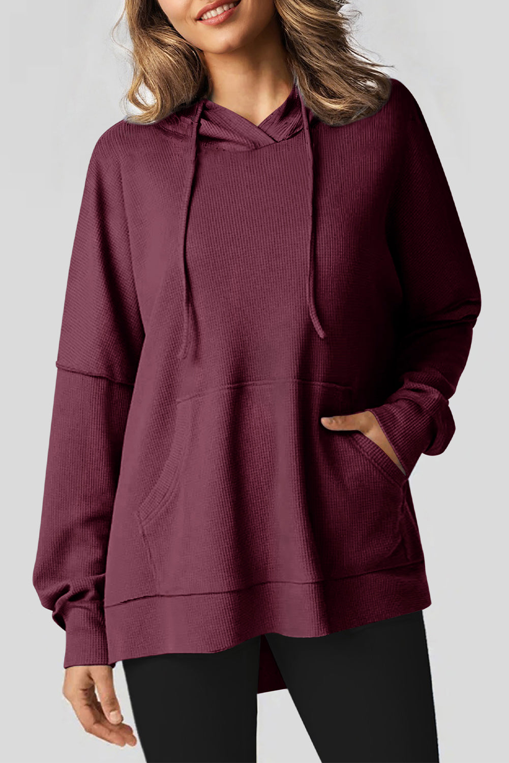 Red Dahlia Waffle Knit Fleece Lined High Low Oversized Hoodie Sweatshirts & Hoodies JT's Designer Fashion