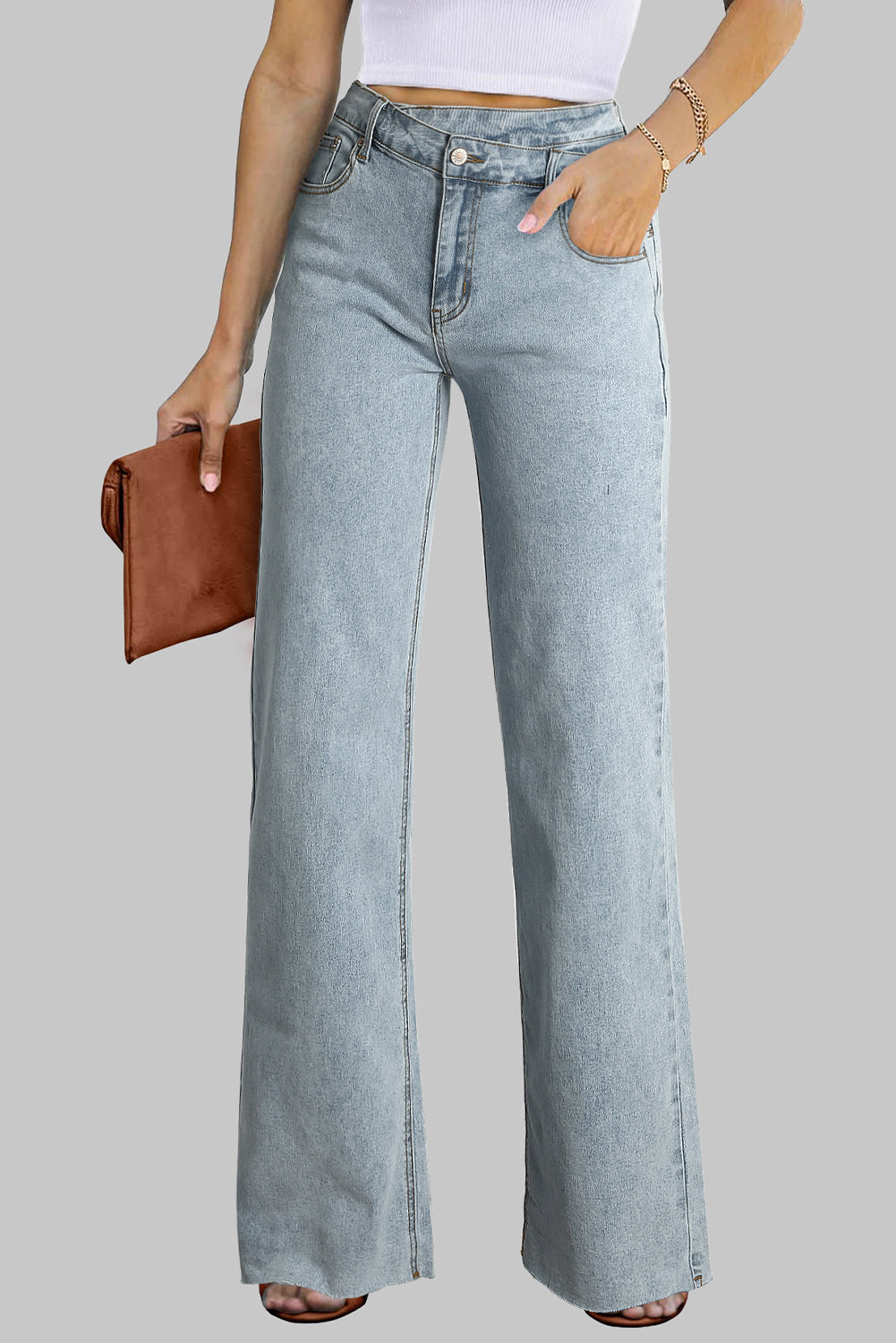 Sky Blue Mid Rise Asymmetrical Waist Wide Leg Jeans Jeans JT's Designer Fashion