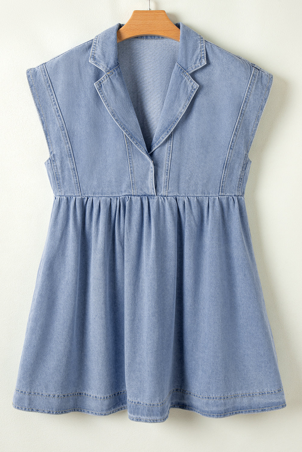 Beau Blue Lapel Neck Cap Sleeve High Waist Denim Babydoll Dress Mini Dresses JT's Designer Fashion