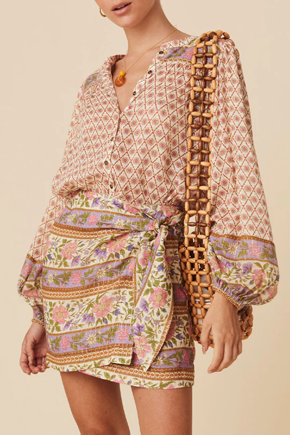 Multicolour Boho Floral Mixed Print Puff Sleeve Shirt Multicolour 100%Polyester Blouses & Shirts JT's Designer Fashion
