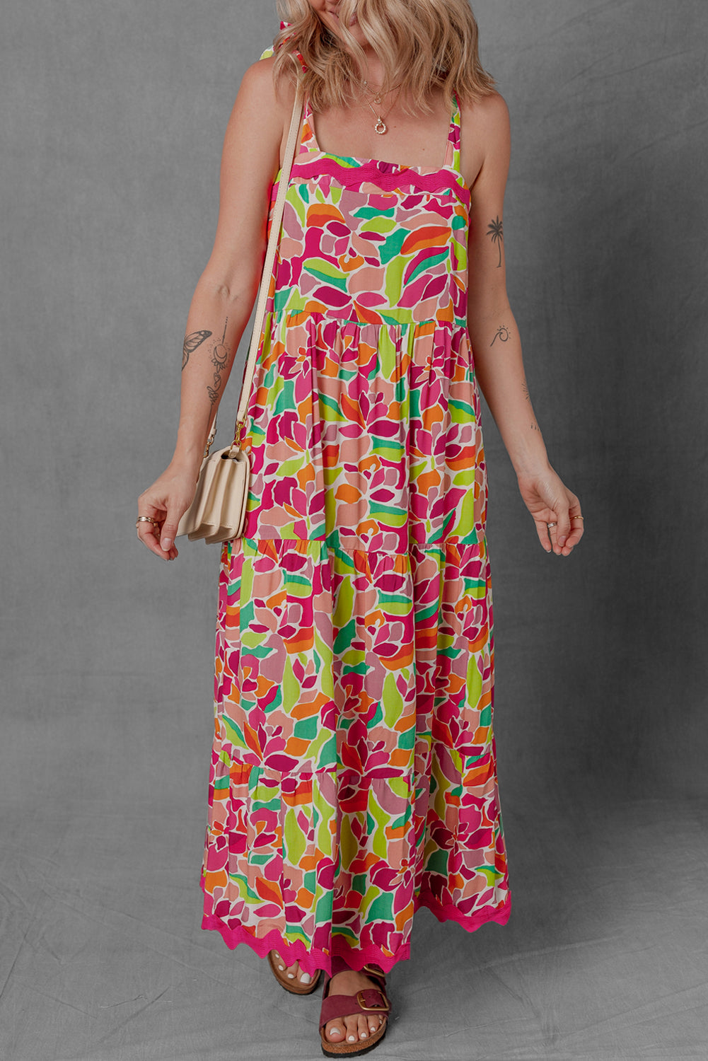 Multicolour Floral Tied Straps Ricrac Trim Long Dress Maxi Dresses JT's Designer Fashion