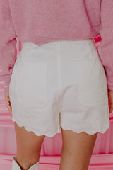 White Scalloped Hemline Acid Wash High Waist Denim Shorts Denim Shorts JT's Designer Fashion