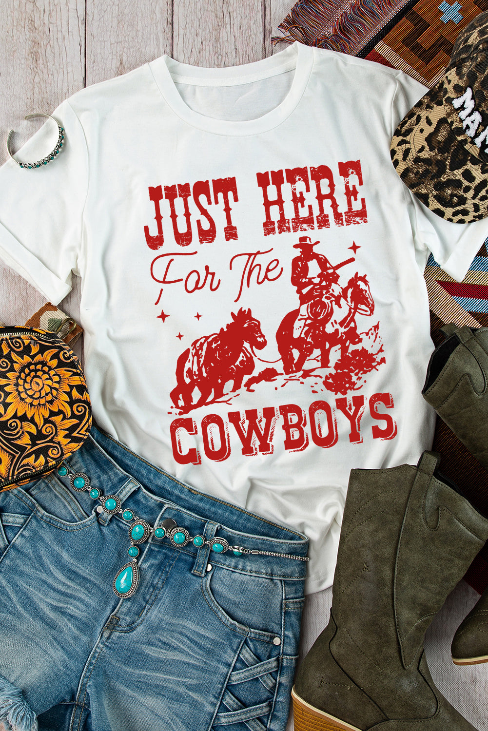 White JUST HERE For THE COWBOY Cuffed Sleeve Crew Neck T Shirt Graphic Tees JT's Designer Fashion