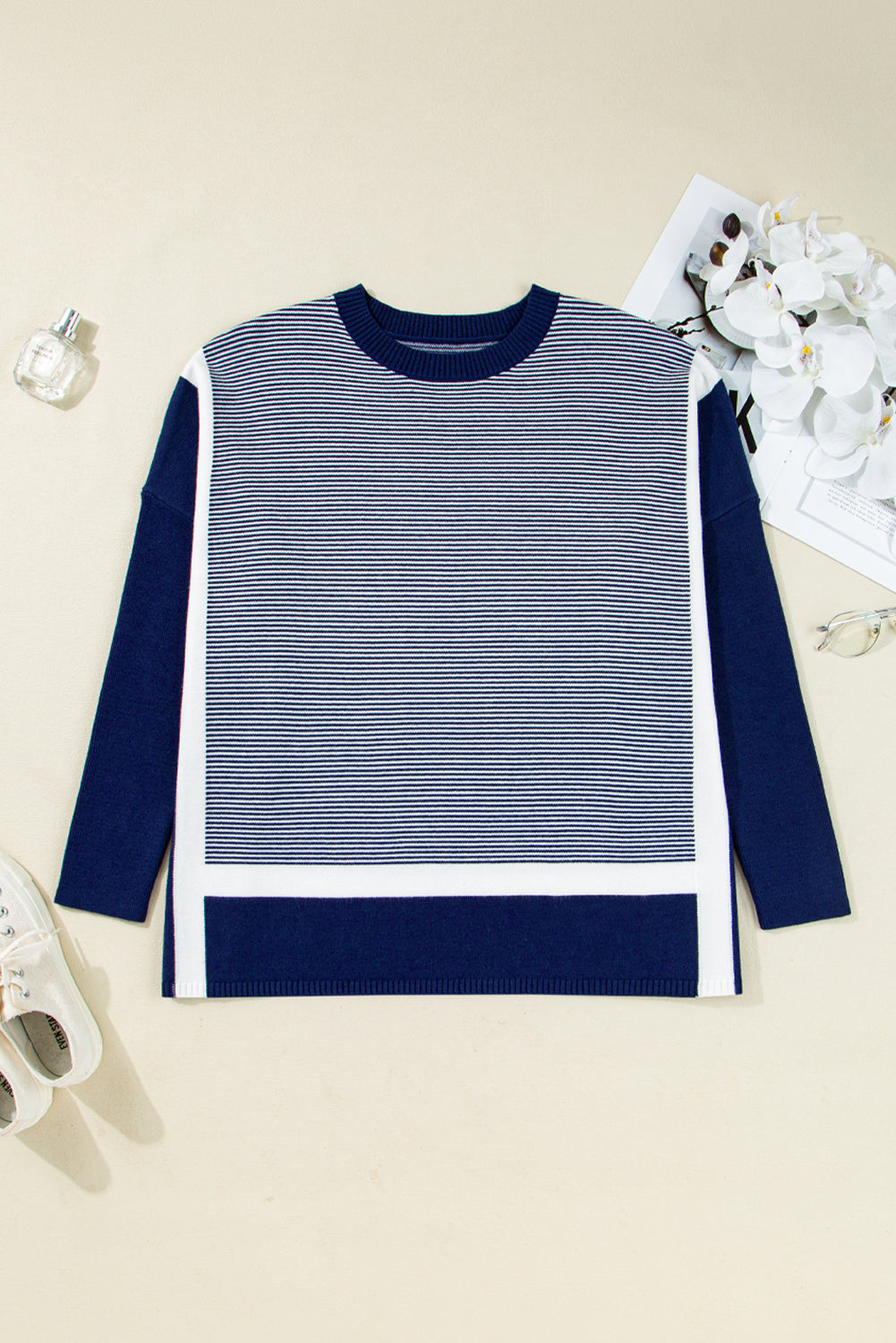 Blue Stripe Color Block Patchwork Dolman Oversize Tunic Sweater Sweaters JT's Designer Fashion