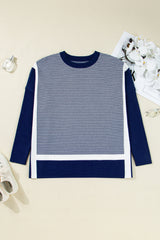 Blue Stripe Color Block Patchwork Dolman Oversize Tunic Sweater Sweaters JT's Designer Fashion