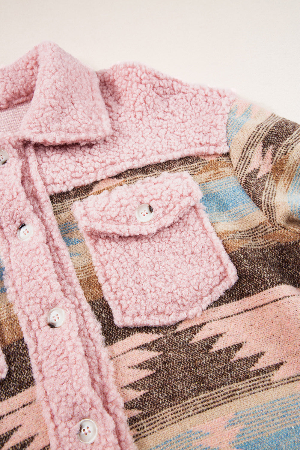 Pink Western Aztec Print Sherpa Splicing Buttoned Flap Pocket Coat Jackets JT's Designer Fashion