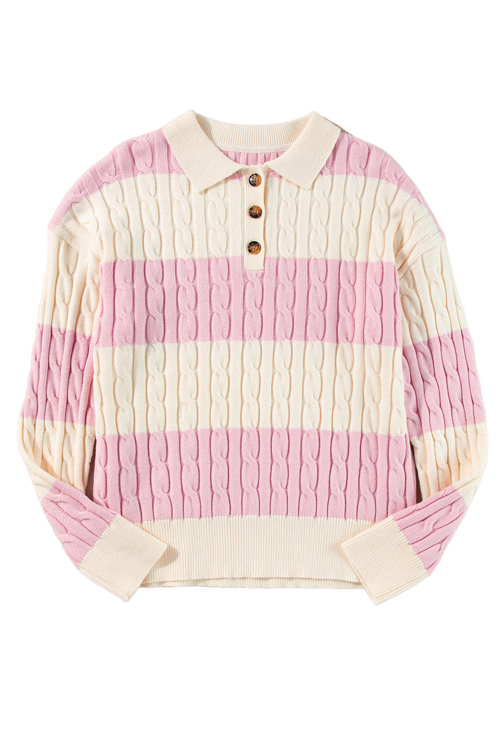 Pink Stripe Cable Knit Collared Henley Sweater Sweaters JT's Designer Fashion