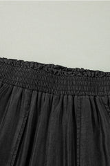 Black Side Pockets Frilled Smocked High Waist Wide Leg Jeans Jeans JT's Designer Fashion