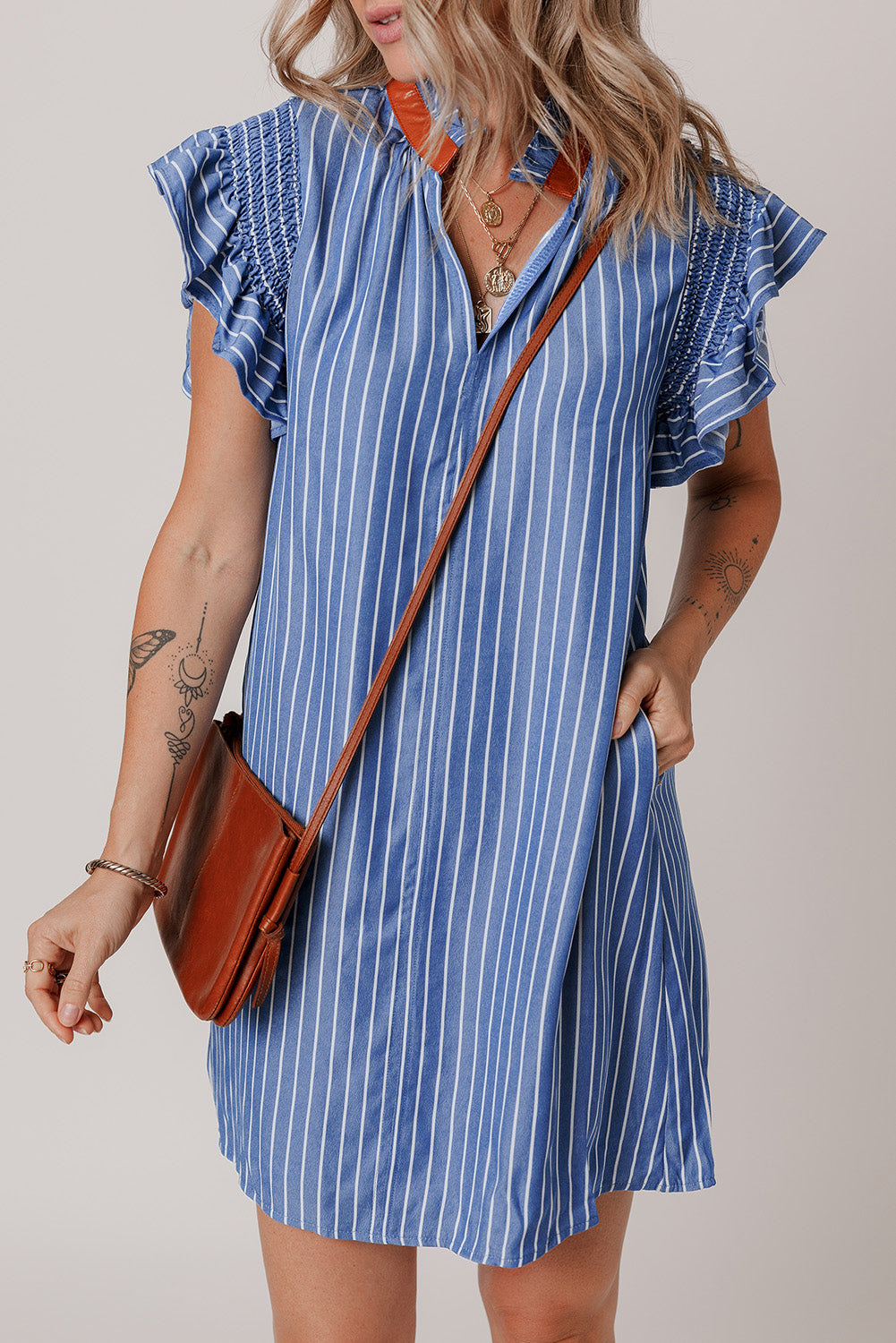 Sky Blue Stripe Frilly Split Neck Shirred Ruffle Sleeve Short Shift Dress Mini Dresses JT's Designer Fashion