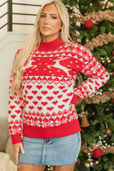 Fiery Red Merry Christmas Reindeer Heart Pattern High Neck Sweater Sweaters JT's Designer Fashion