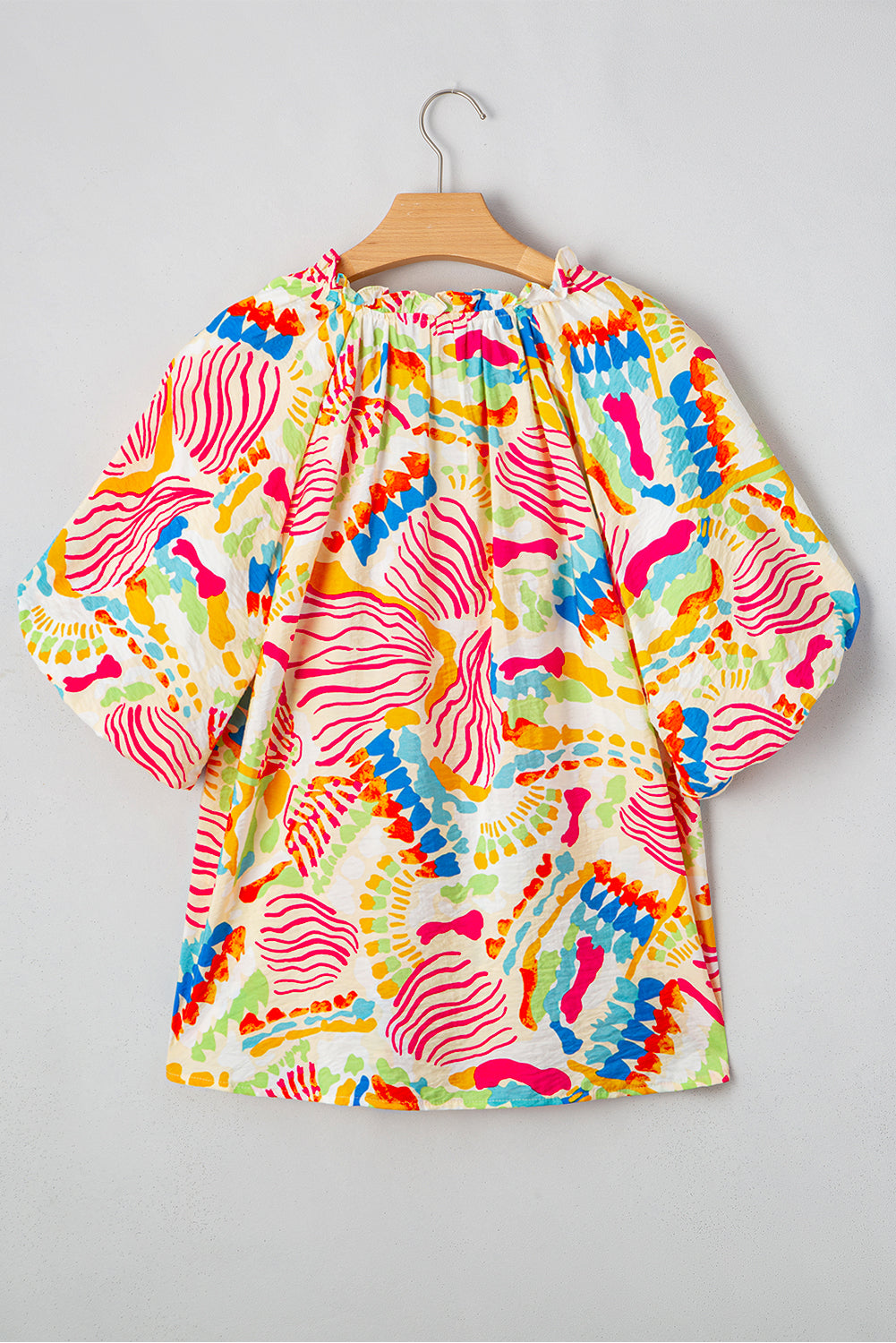 Orange Abstract Printed Shirred Bubble Half Sleeve V Neck Blouse Blouses & Shirts JT's Designer Fashion