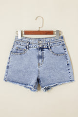 Beau Blue Rhinestone Light Wash Raw Hem High Waist Denim Shorts Denim Shorts JT's Designer Fashion
