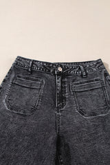 Black Chic Patch Pocket Straight Leg Loose Jeans Jeans JT's Designer Fashion