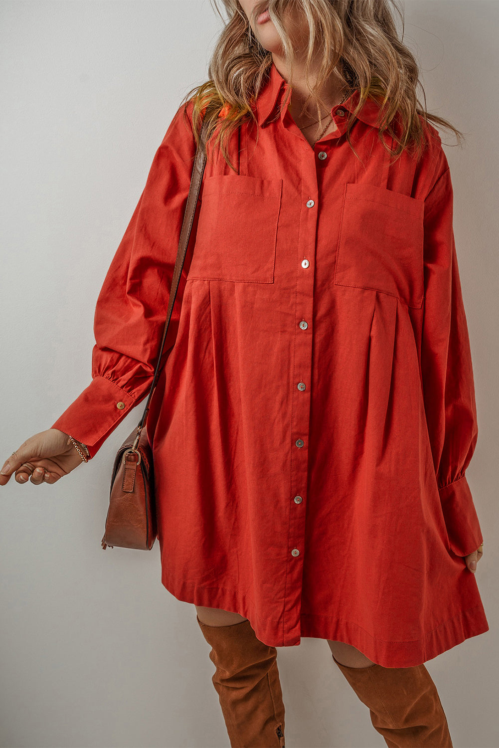 Tomato Red Bishop Sleeve Button Up Pleated Mini Shirt Dress Mini Dresses JT's Designer Fashion
