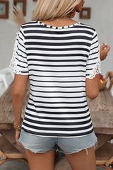 Black Stripe Cross Straps Hollowed Neck Lace Splicing Short Sleeve Blouse Blouses & Shirts JT's Designer Fashion