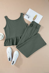 Duffel Green Solid Color Ribbed Ruffle Tank Top and Pants Set Pant Sets JT's Designer Fashion