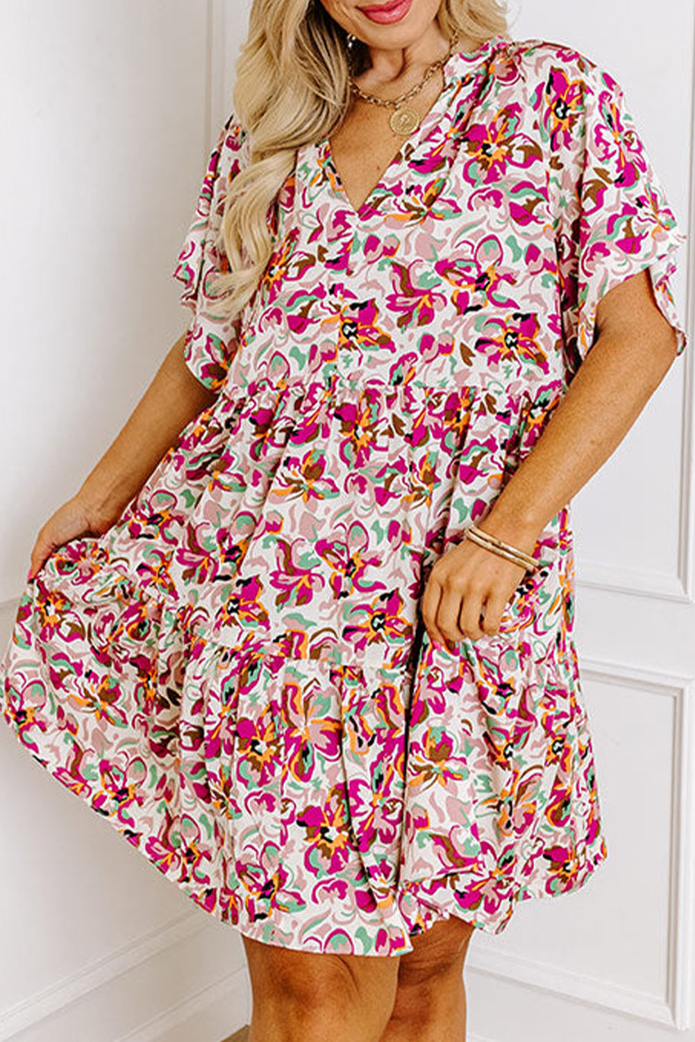 White Abstract Print V Neck Short Sleeve Ruffled Plus Size Mini Dress White 100%Polyester Plus Size Mini Dresses JT's Designer Fashion