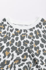 White Printed Solid Trim Leopard Print Top Long Sleeve Tops JT's Designer Fashion