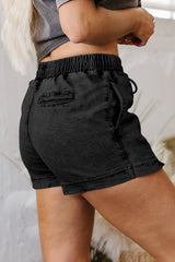 Black Drawstring High Waist Pocketed Denim Shorts Denim Shorts JT's Designer Fashion