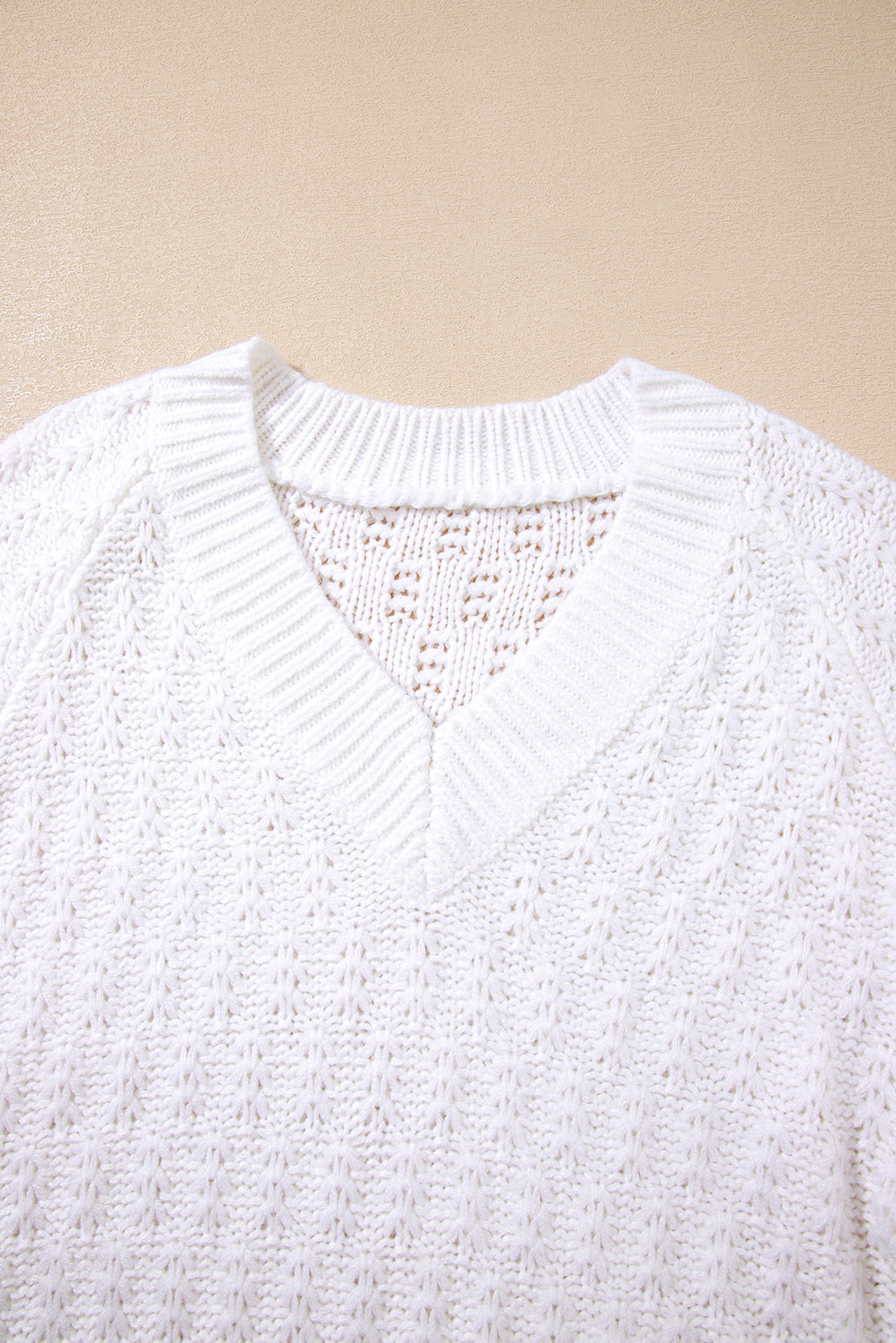 White Textured Knit Ribbed Edge V Neck Loose Sweater Sweaters JT's Designer Fashion
