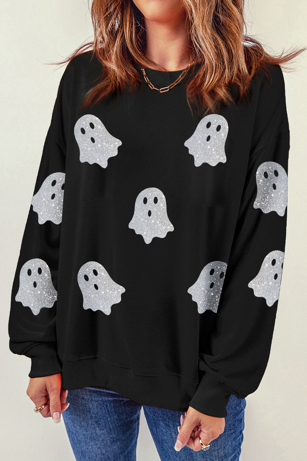 Black Glitter Ghost Pattern Crew Neck Halloween Sweatshirt Graphic Sweatshirts JT's Designer Fashion