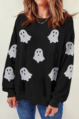 Black Glitter Ghost Pattern Crew Neck Halloween Sweatshirt Graphic Sweatshirts JT's Designer Fashion