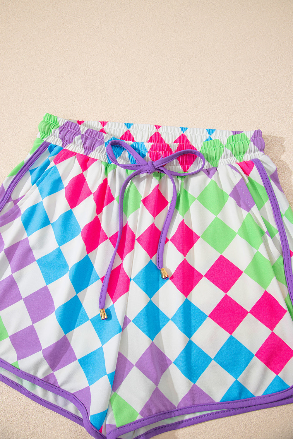 Multicolour Checkered Drawstring Elastic Waist Casual Shorts Casual Shorts JT's Designer Fashion