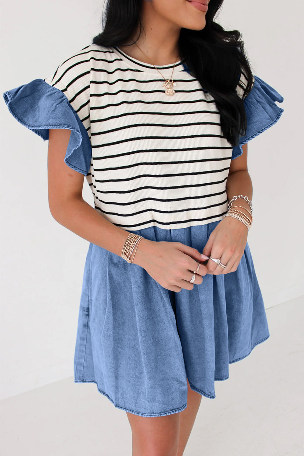 Black Stripe Ruffle Denim Patchwork Round Neck Mini Dress Mini Dresses JT's Designer Fashion