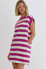 Rose Stripe Cap Sleeve Pocketed Shift T-shirt Dress T Shirt Dresses JT's Designer Fashion