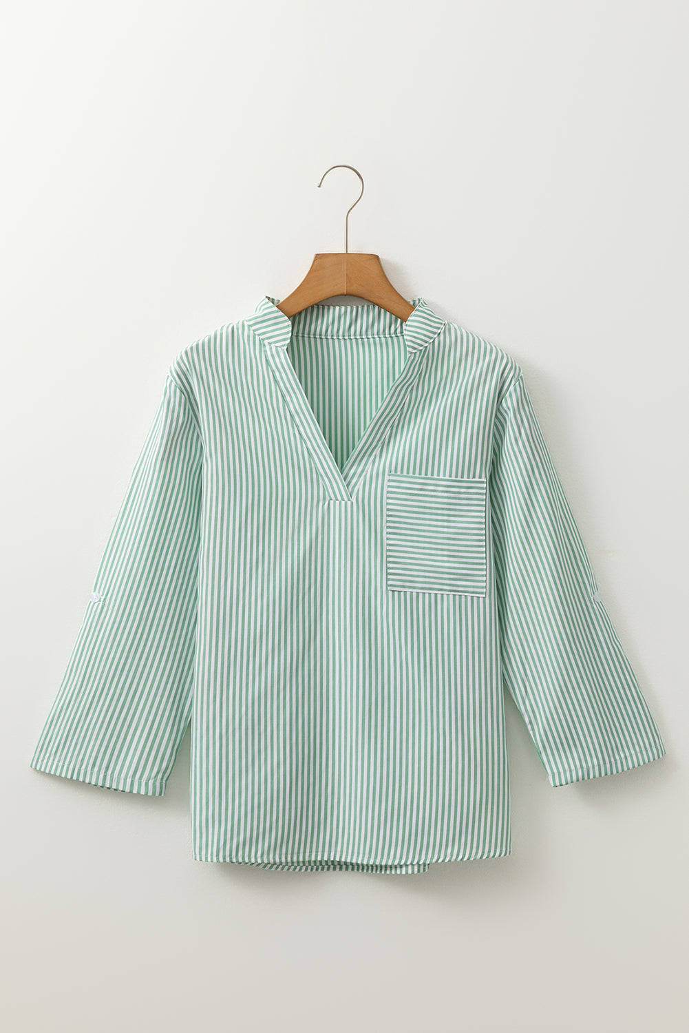 Green Stripe V Neck Roll Up Sleeve Pocket Patched Classic Shirt Blouses & Shirts JT's Designer Fashion